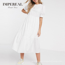 Puff Sleeves Round Neckline 2020 Women's White Dresses With Sleeves